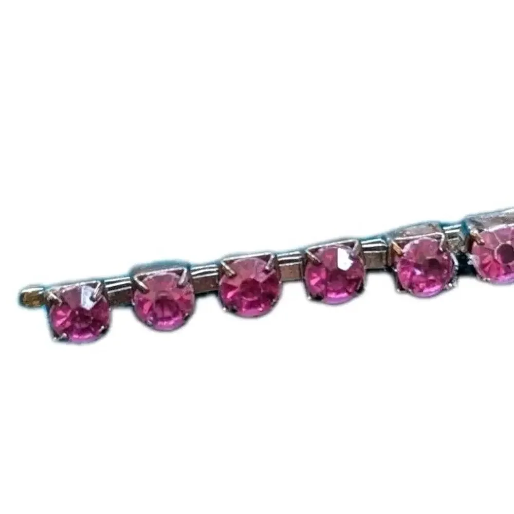 Vtg Pink Purple Rhinestone Bar Pin Hair Clip Czech Glass Silver Tone Prong Set